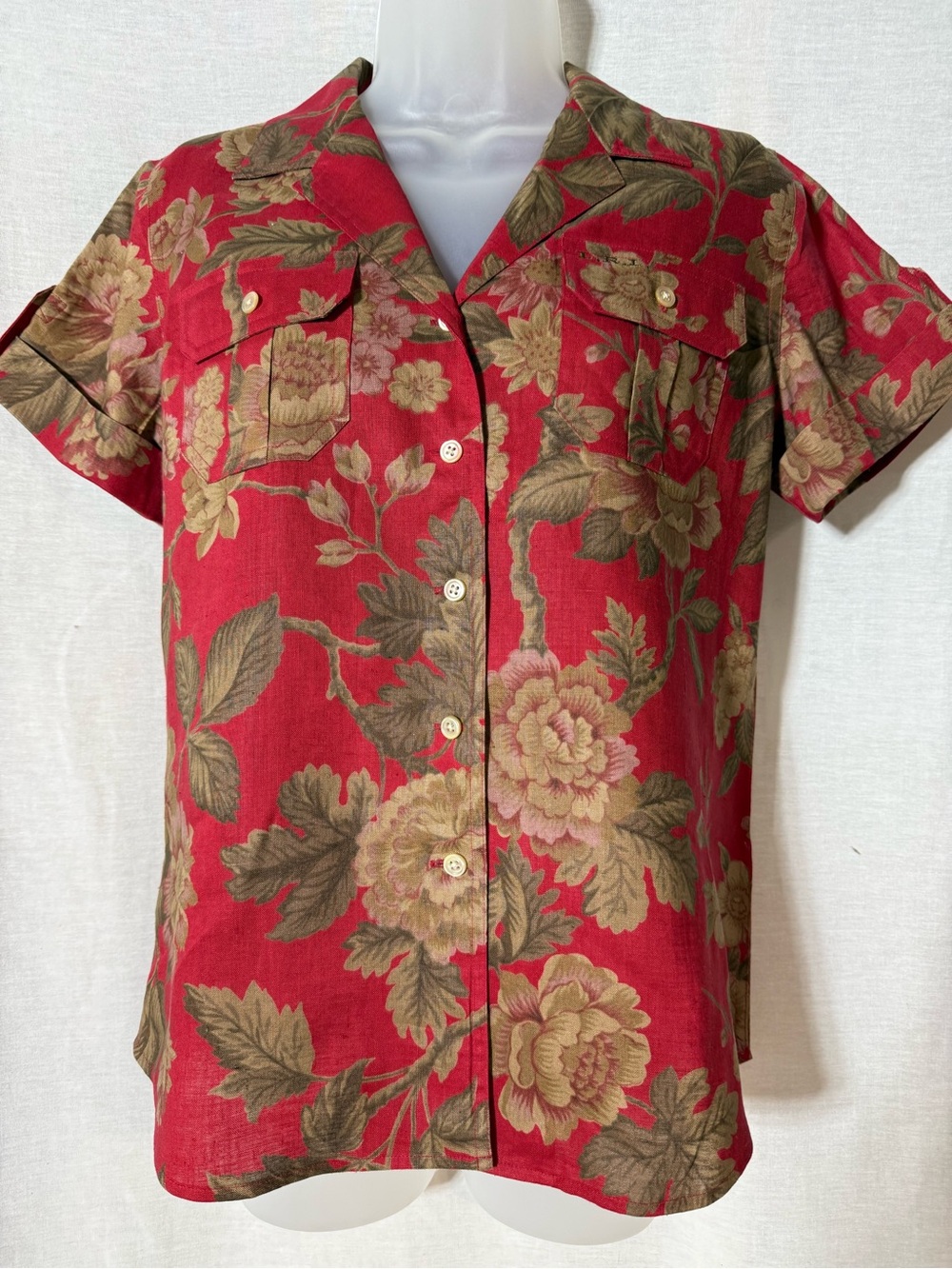 Lauren Ralph Lauren Red Floral Button-Down Short Sleeve Top Size P/Small